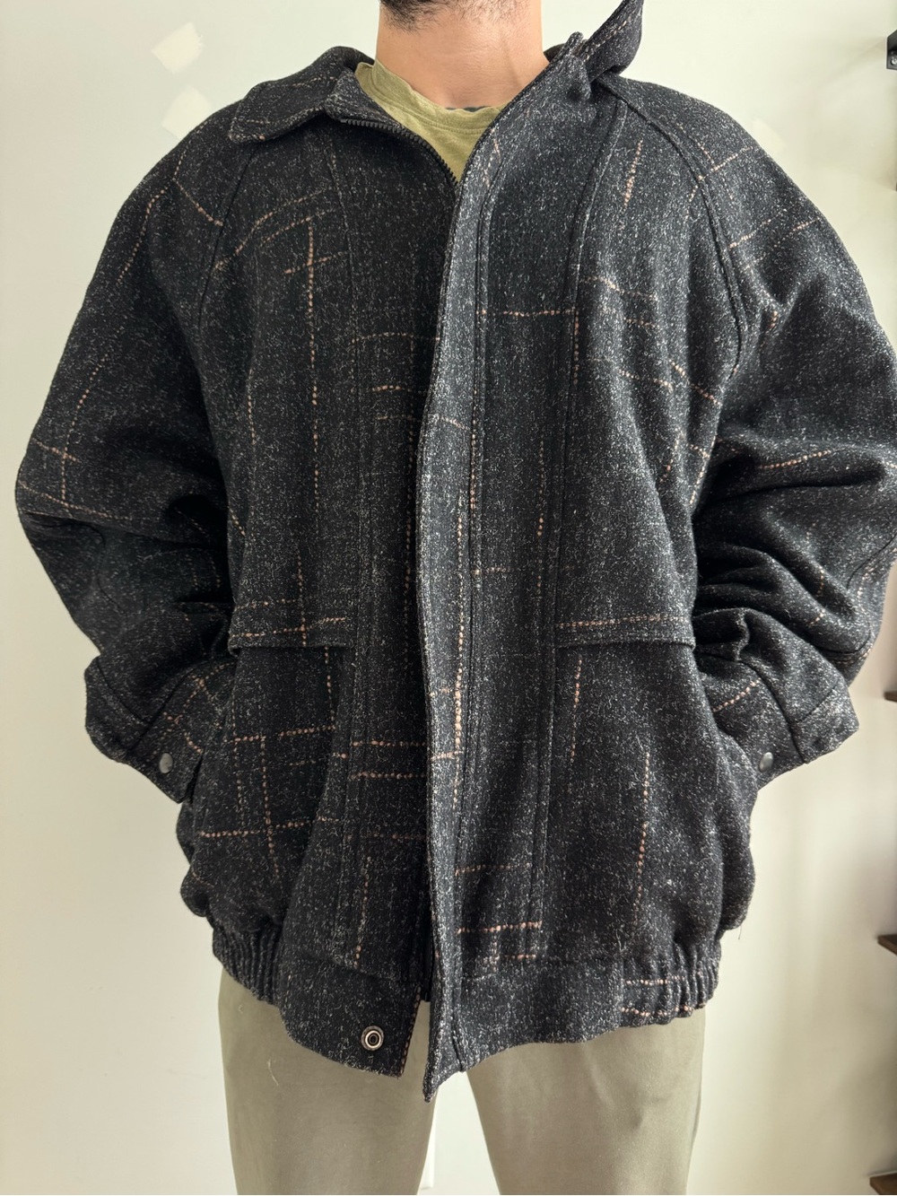 London Fog Vintage Wool Windowpane Bomber Jacket XL